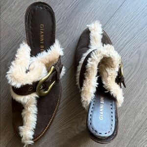 Gianni Bini Dark Brown and Cream Fur Mules